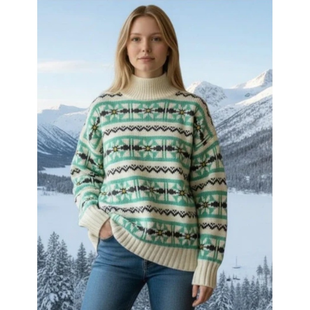 American Eagle Fair Isle Sweater XS women Mock Neck Oversized Green Cream